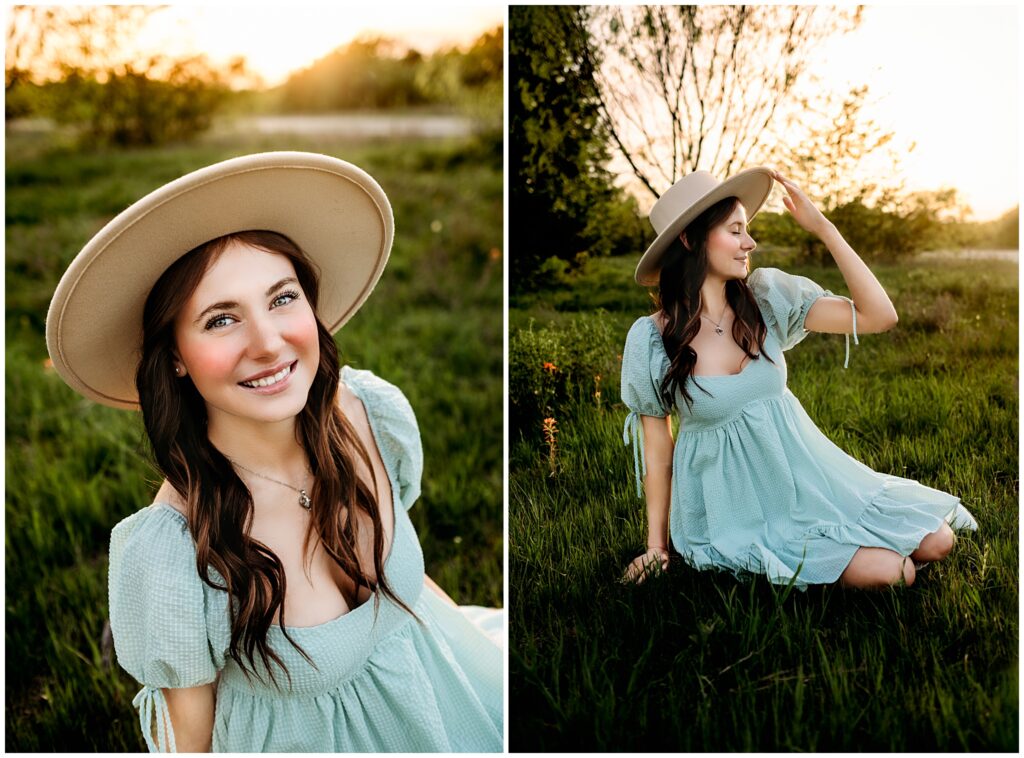 Seattle spring senior photos, senior girl sitting in grass wearing a green dress, cowgirl boots, with a wide brim hat