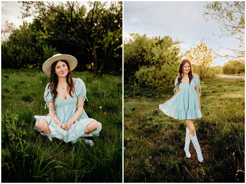 Seattle spring senior photos, senior girl sitting in grass wearing a green dress, cowgirl boots, with a wide brim hat