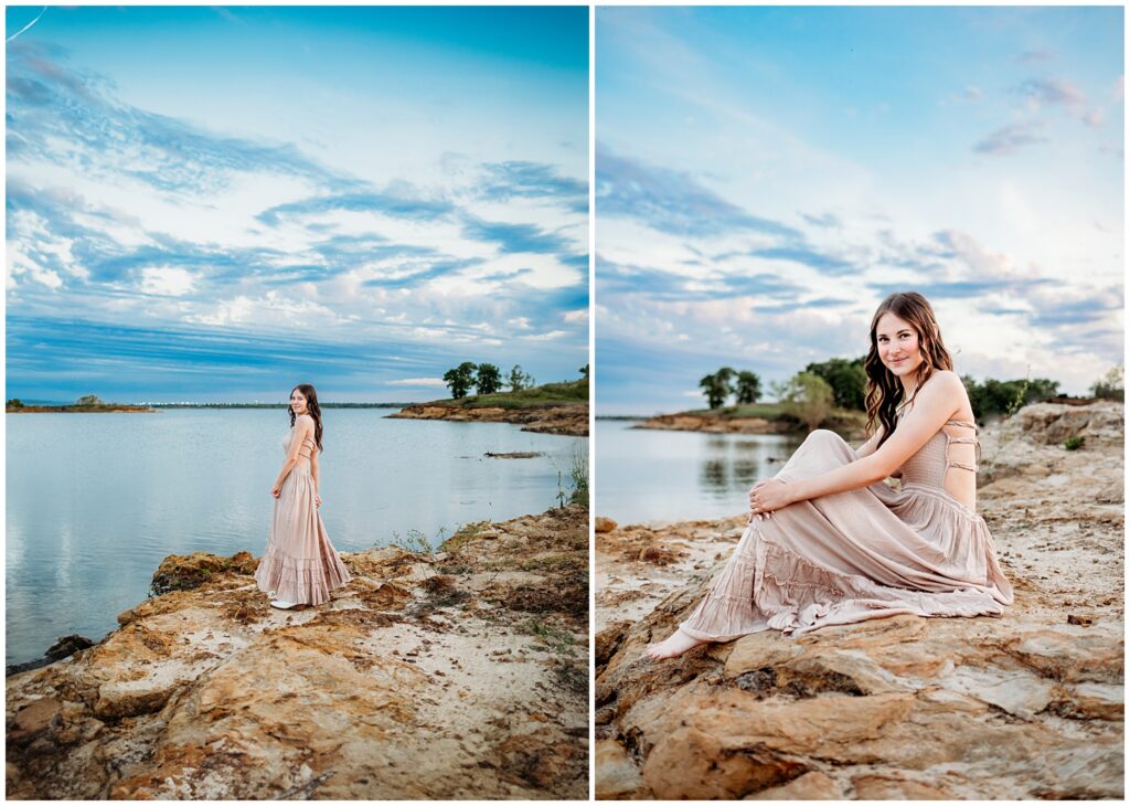 Seattle spring senior photos, senior girl sitting on the lakeside wearing a maxi dress and cowgirl boots