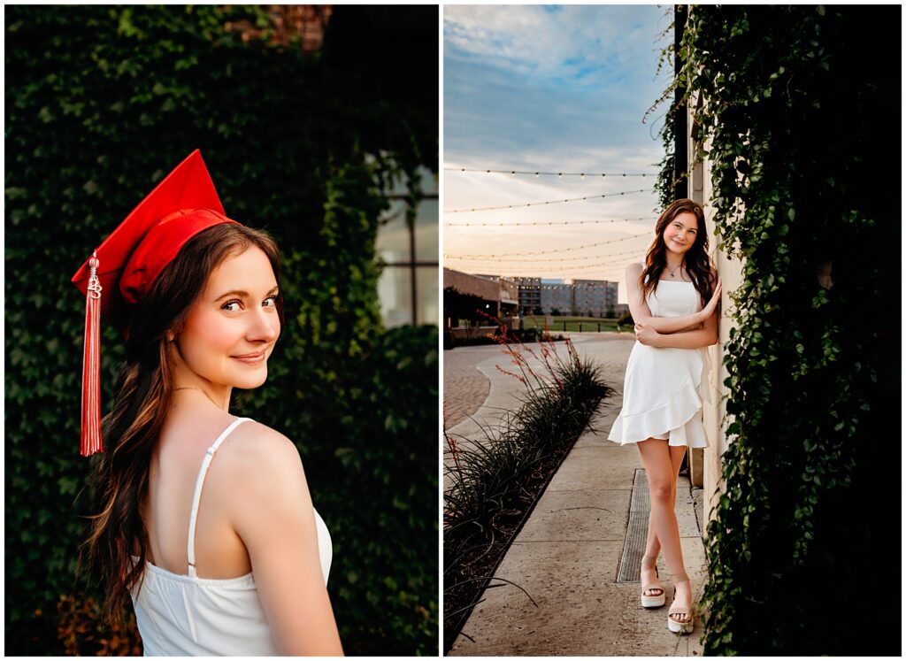 Seattle senior portraits, spring senior photos, senior girl wearing a white dress leaning on a wall, wearing her grad cap