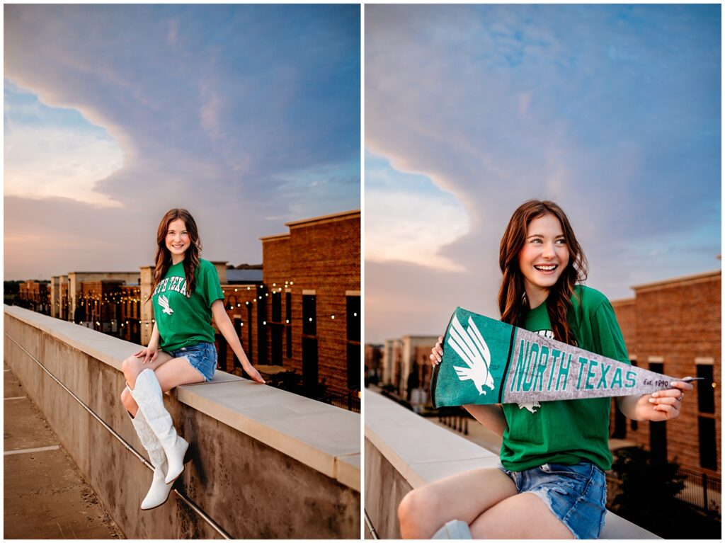 Seattle senior spring pictures, spring senior photos, Seattle Washington senior wearing University of North Texas shirt in Downtown Seattle