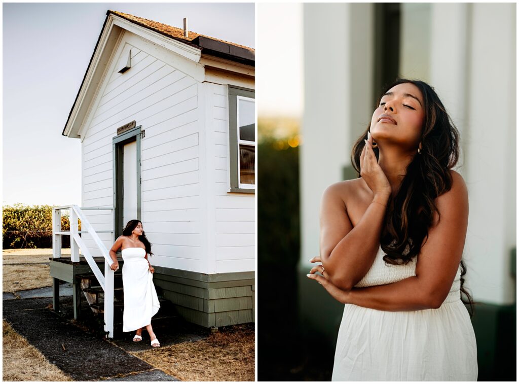 Seattle senior girl leaning on the lighthouse at Discovery Park in Seattle Washington, wearing a white dress, Seattle Summer Senior Portraits