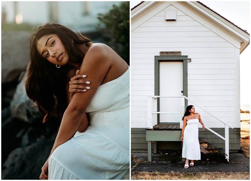 Seattle senior girl leaning on the lighthouse at Discovery Park in Seattle Washington, wearing a white dress, Seattle Summer Senior Portraits