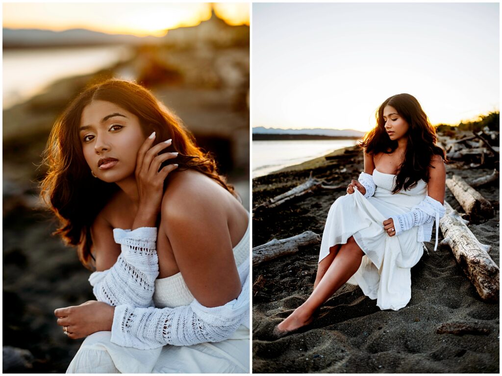 Seattle senior girl leaning on the lighthouse at Discovery Park in Seattle Washington, wearing a white dress, Seattle Summer Senior Portraits