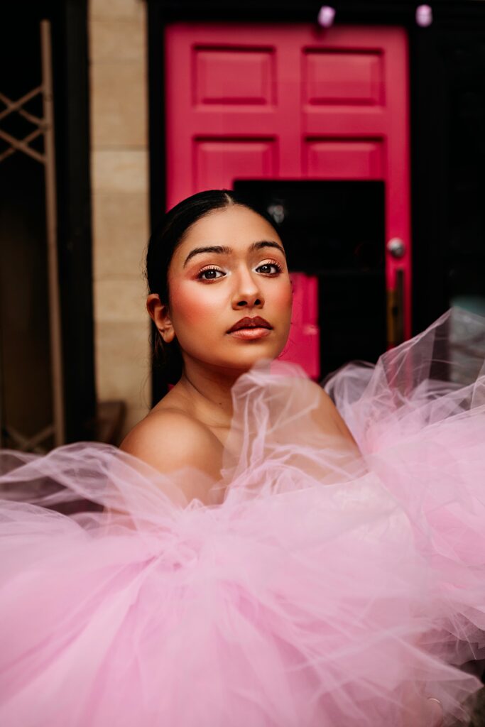 Downtown Seattle rooftop photoshoot, woman in a pink poofy dress, Belltown, Seattle, Moore Coffee House