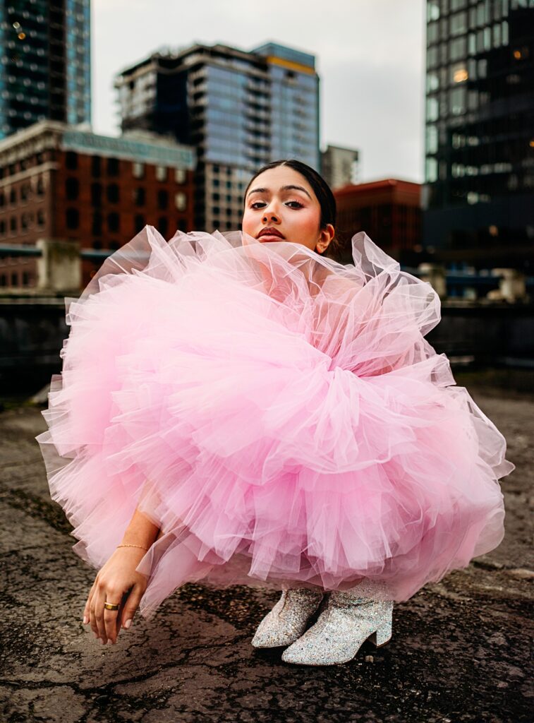 Downtown Seattle rooftop photoshoot, woman in a pink poofy dress, Belltown, Seattle