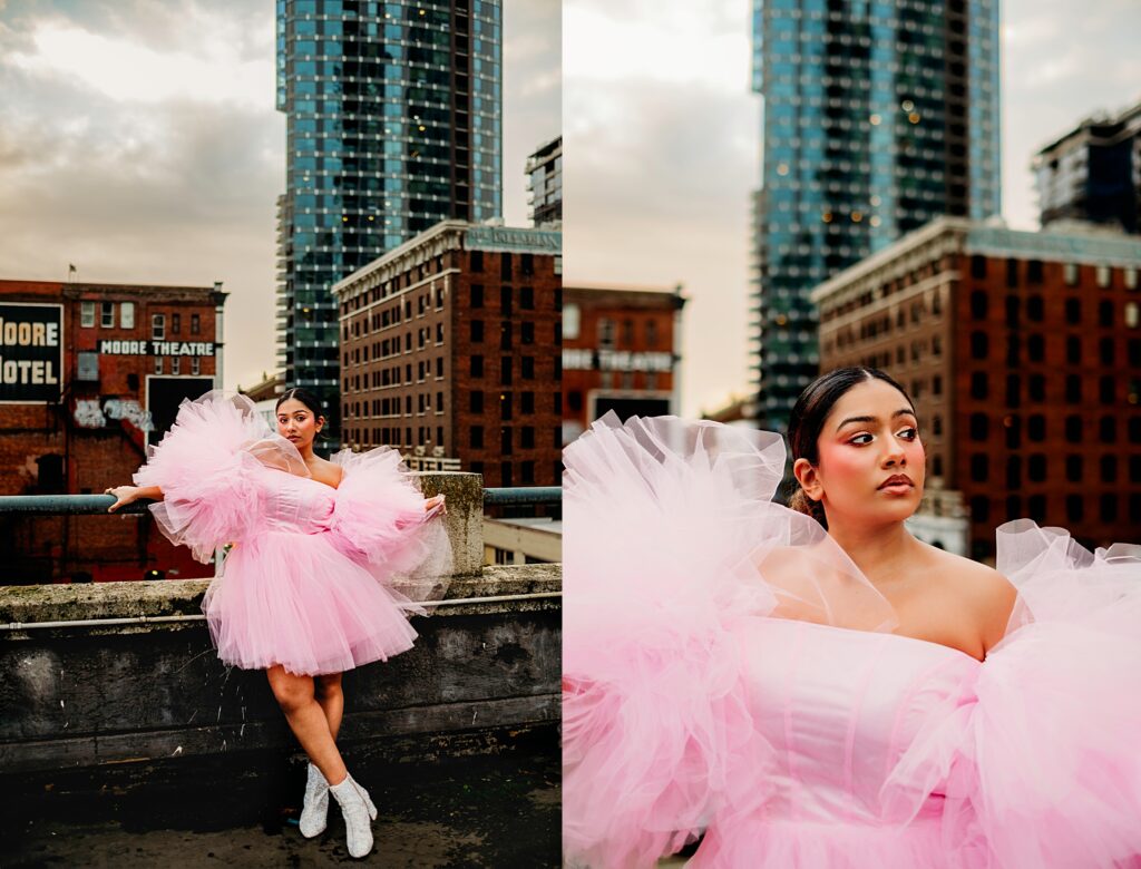 Downtown Seattle rooftop photoshoot, woman in a pink poofy dress, Belltown, Seattle