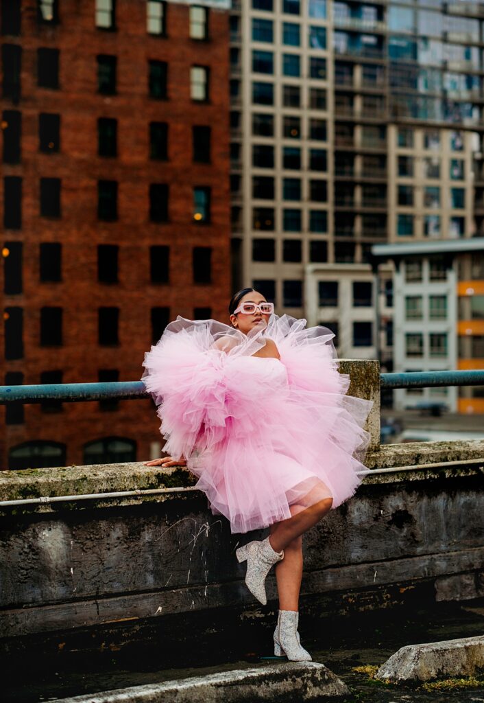 Downtown Seattle rooftop photoshoot, woman in a pink poofy dress, Belltown, Seattle