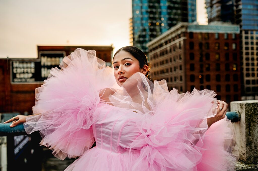 Downtown Seattle rooftop photoshoot, woman in a pink poofy dress, Belltown, Seattle