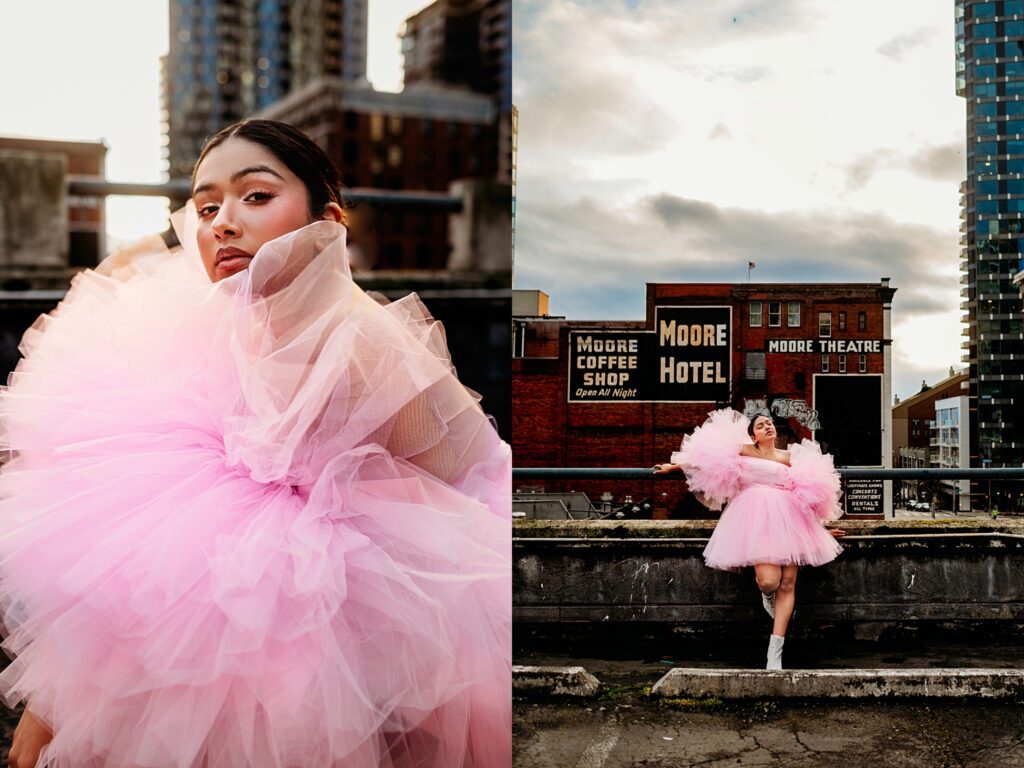 Downtown Seattle rooftop photoshoot, woman in a pink poofy dress, Belltown, Seattle, Moore Hotel