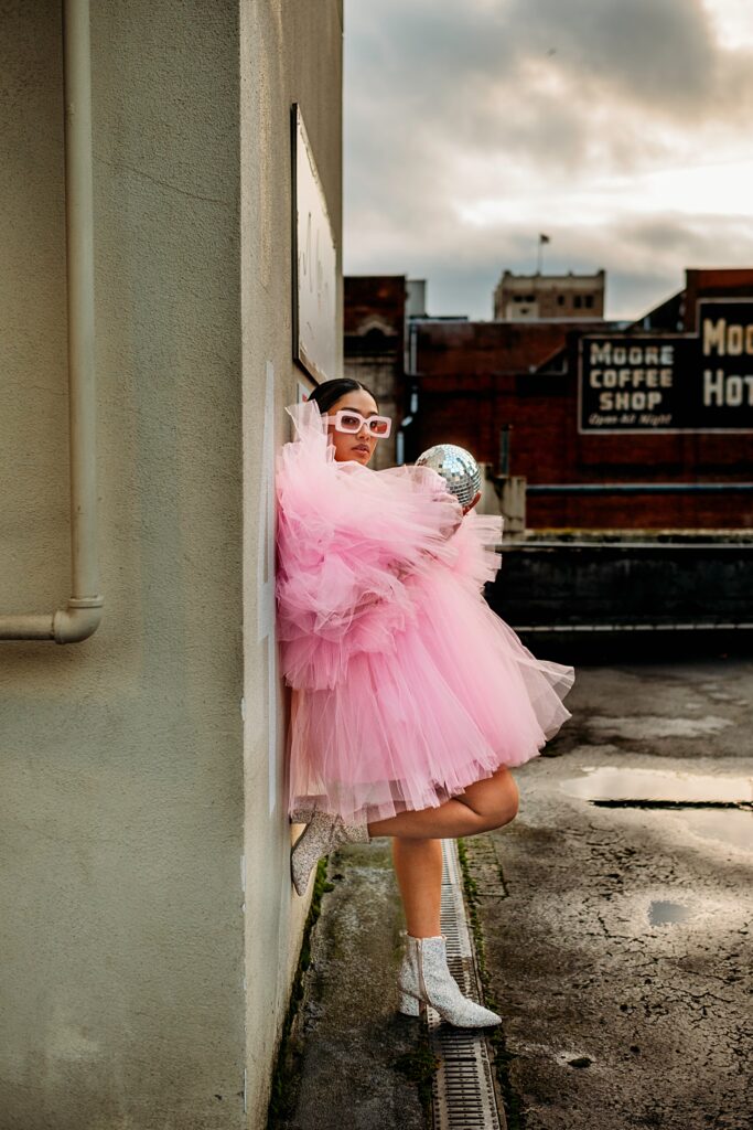 Downtown Seattle rooftop photoshoot, woman in a pink poofy dress, Belltown, Seattle, Moore Hotel