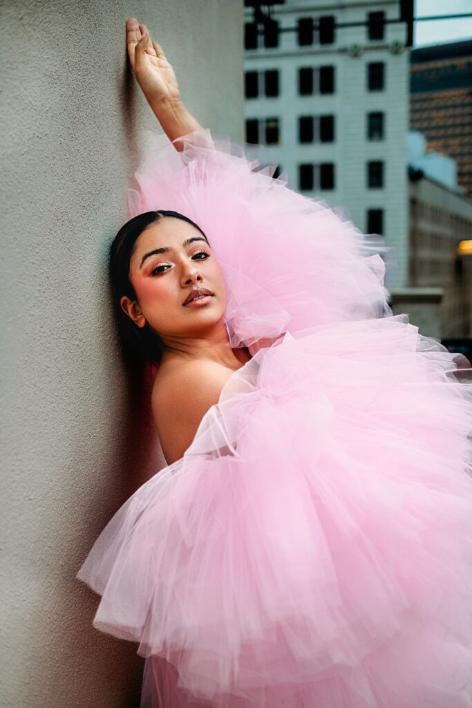 Downtown Seattle rooftop photoshoot, woman in a pink poofy dress, Belltown, Seattle