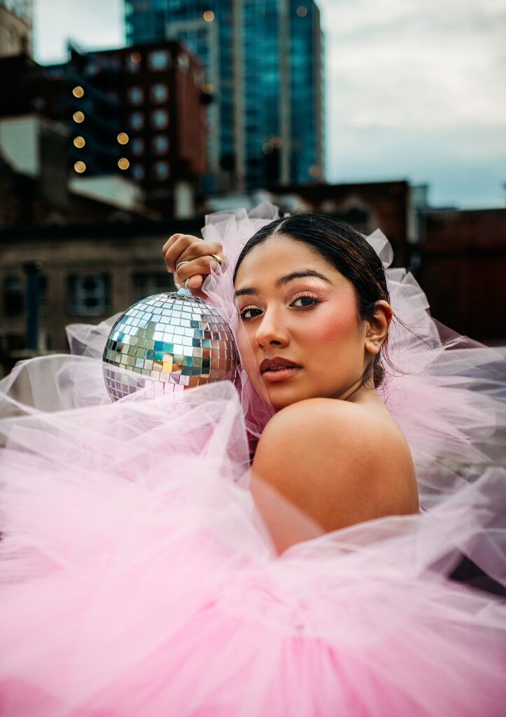 Downtown Seattle rooftop photoshoot, woman in a pink poofy dress, Belltown, Seattle