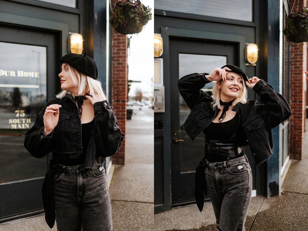 Angelica wearing all black and posing in Pioneer Square, Downtown Seattle