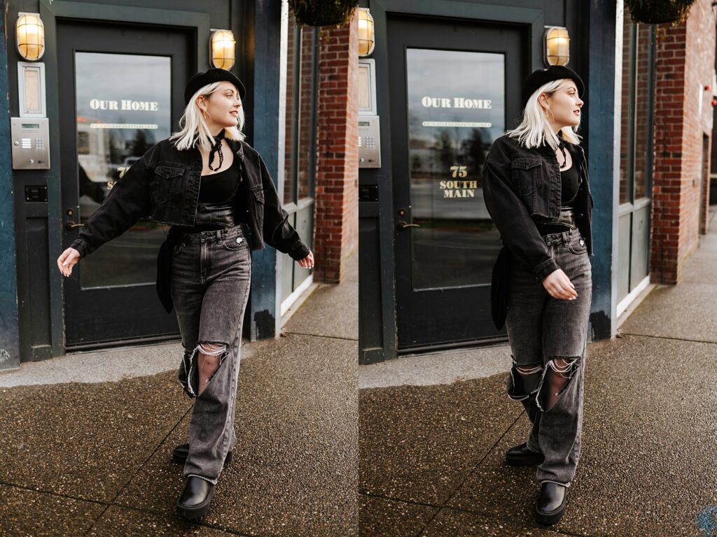 Angelica wearing all black and posing in Pioneer Square, Downtown Seattle