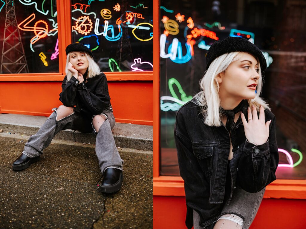 Angelica wearing all black and posing in Pioneer Square, Downtown Seattle