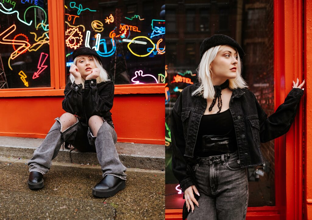 Angelica wearing all black and posing in Pioneer Square, Downtown Seattle