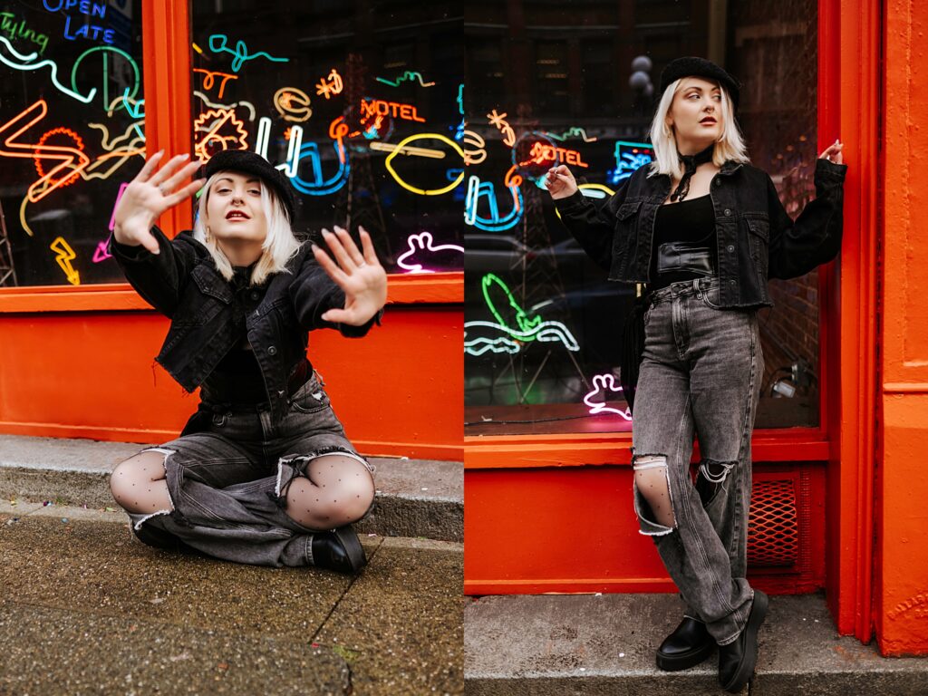 Angelica wearing all black and posing in Pioneer Square, Downtown Seattle