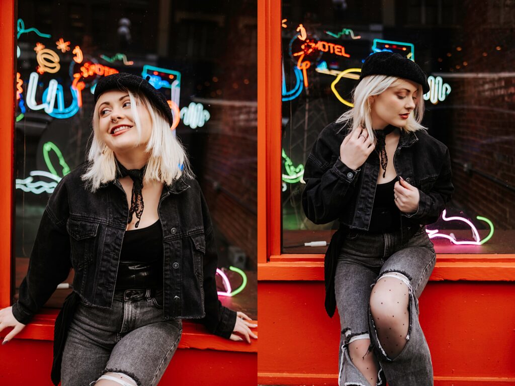 Angelica wearing all black and posing in Pioneer Square, Downtown Seattle