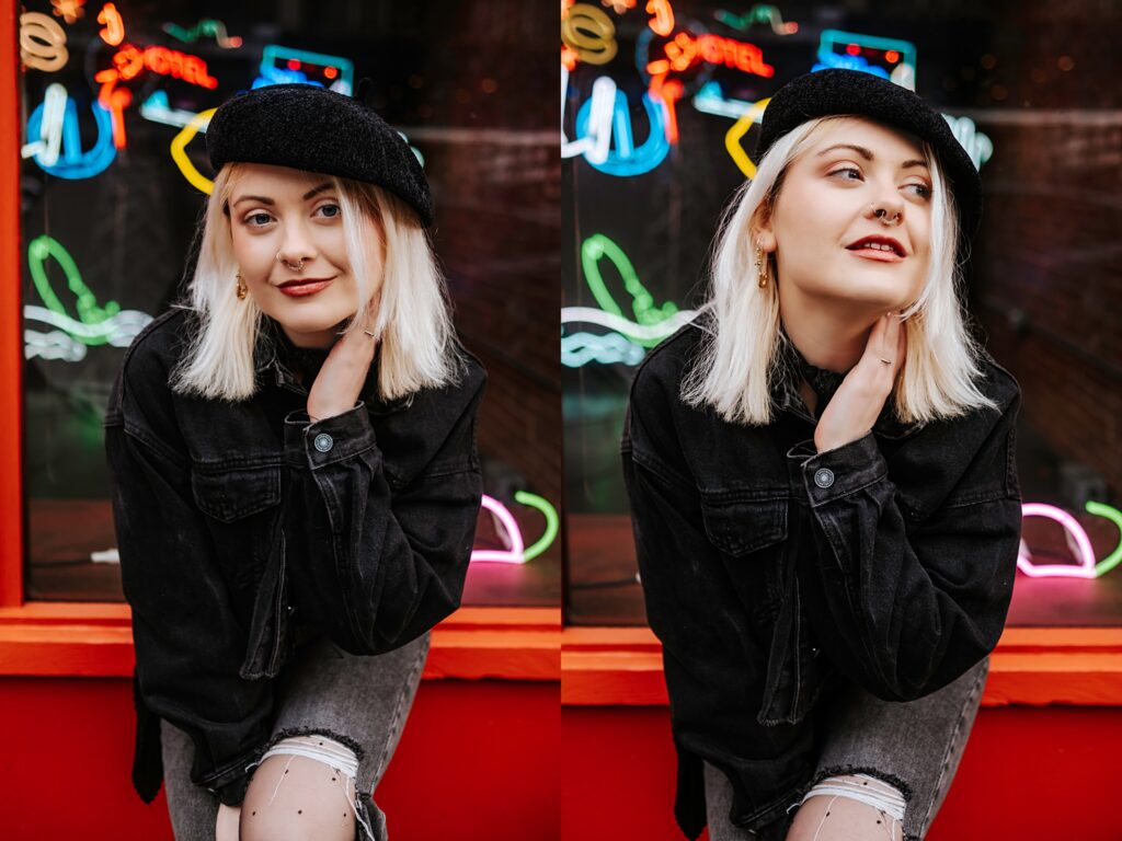 Angelica wearing all black and posing in Pioneer Square, Downtown Seattle