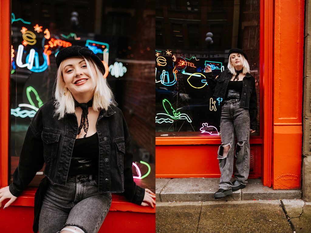 Angelica wearing all black and posing in Pioneer Square, Downtown Seattle