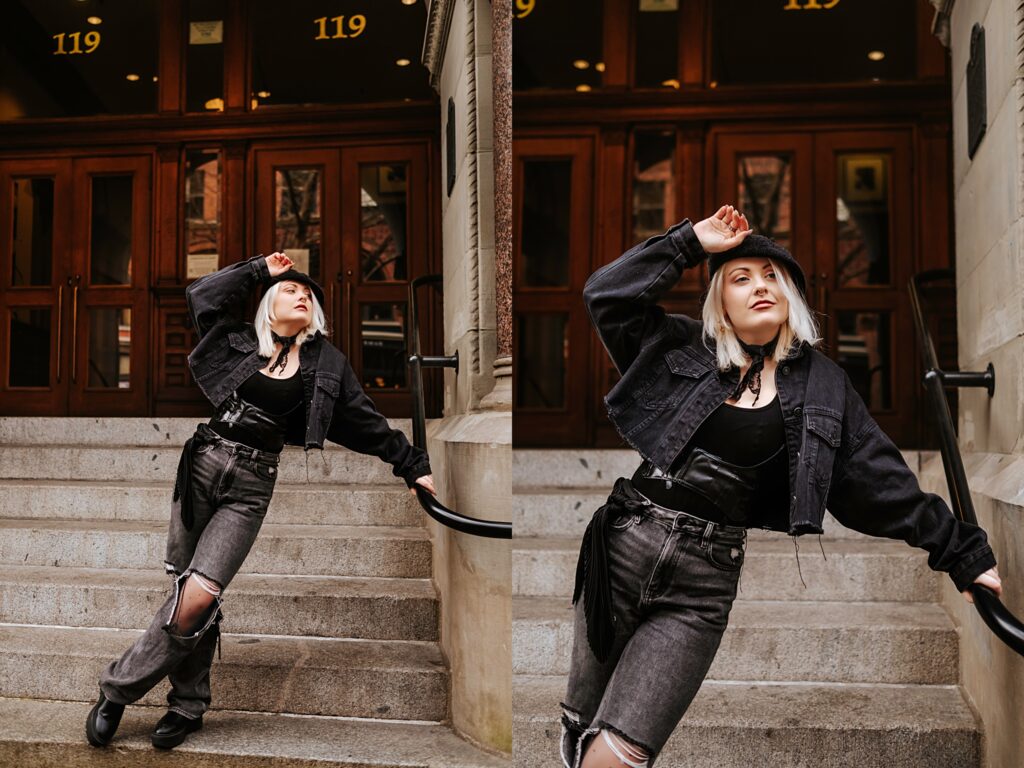 Angelica wearing all black and posing in Pioneer Square, Downtown Seattle