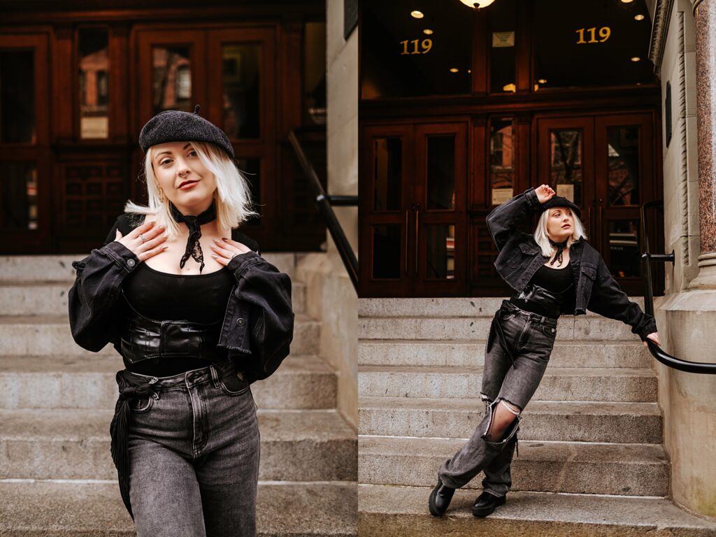 Angelica wearing all black and posing in Pioneer Square, Downtown Seattle