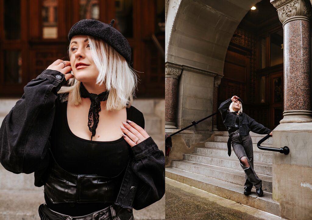 Angelica wearing all black and posing in Pioneer Square, Downtown Seattle