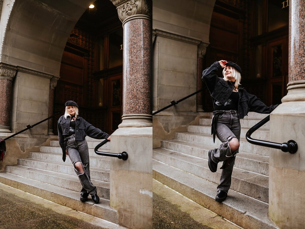 Angelica wearing all black and posing in Pioneer Square, Downtown Seattle