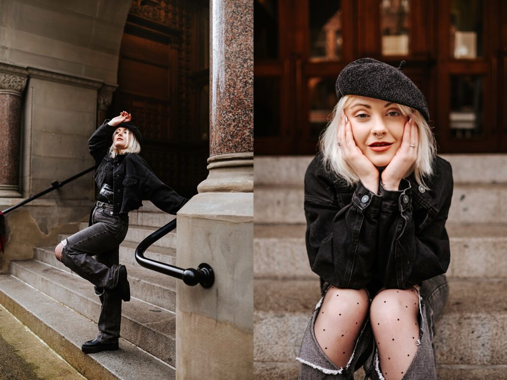 Angelica wearing all black and posing in Pioneer Square, Downtown Seattle