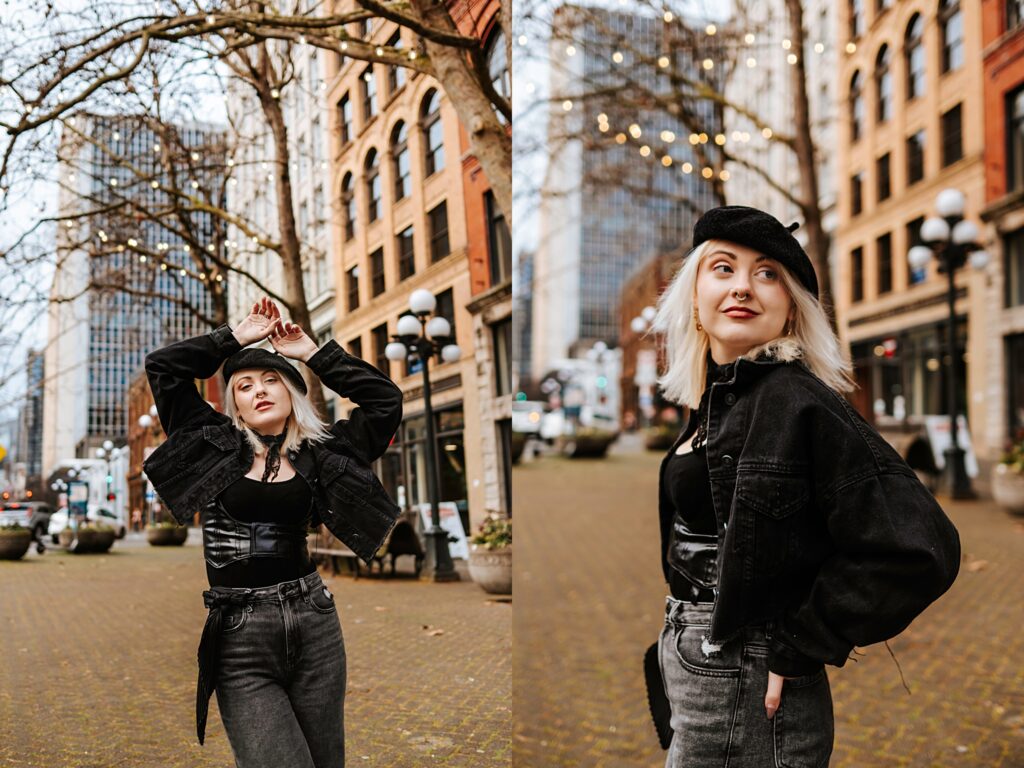 Angelica wearing all black and posing in Pioneer Square, Downtown Seattle